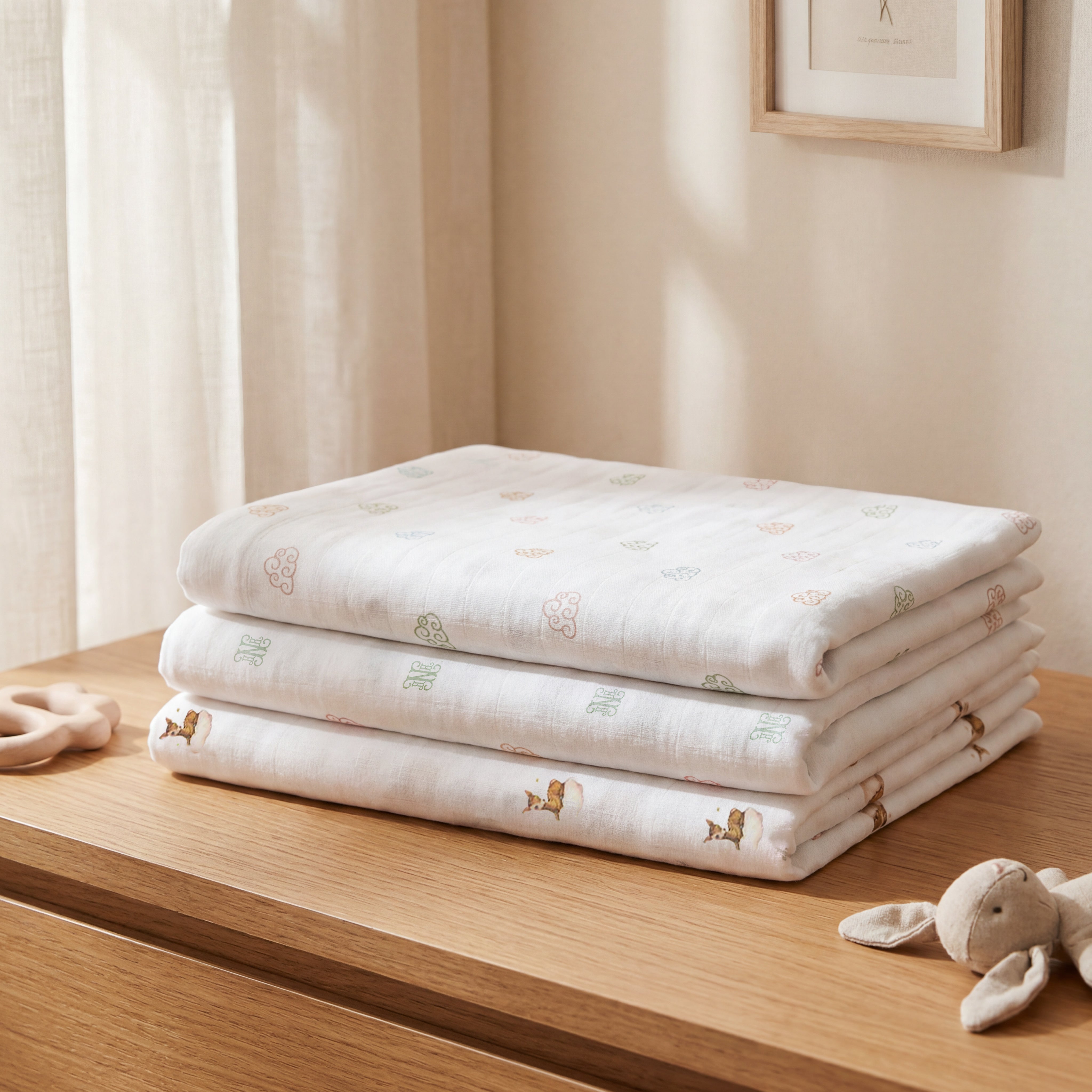 3-Piece Muslin Blanket Set (Monogram, Cloud, Deer)