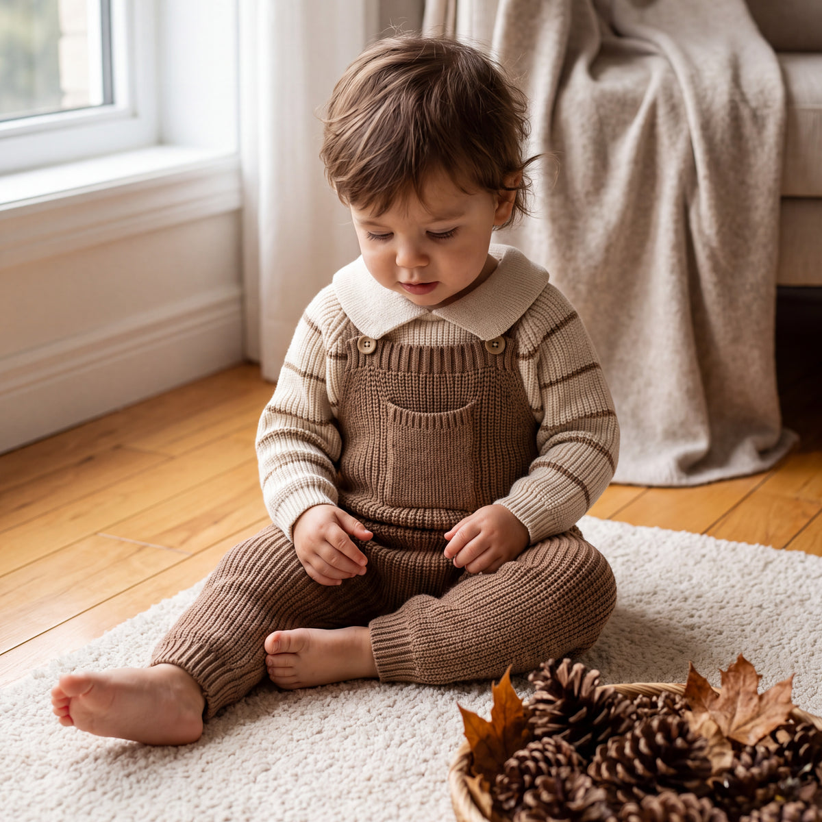 Striped Knit Sweater & Brown Knit Romper Set