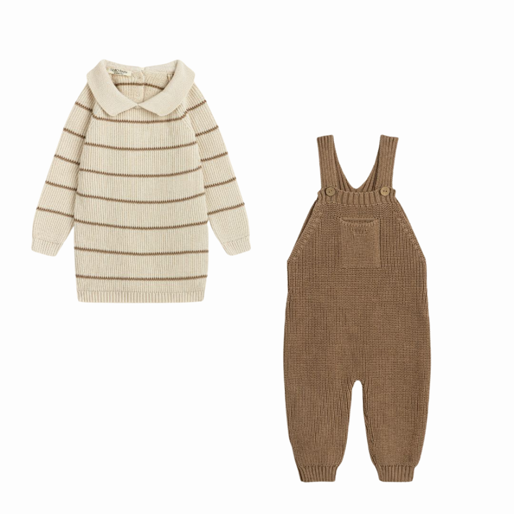 Striped Knit Sweater & Brown Knit Romper Set