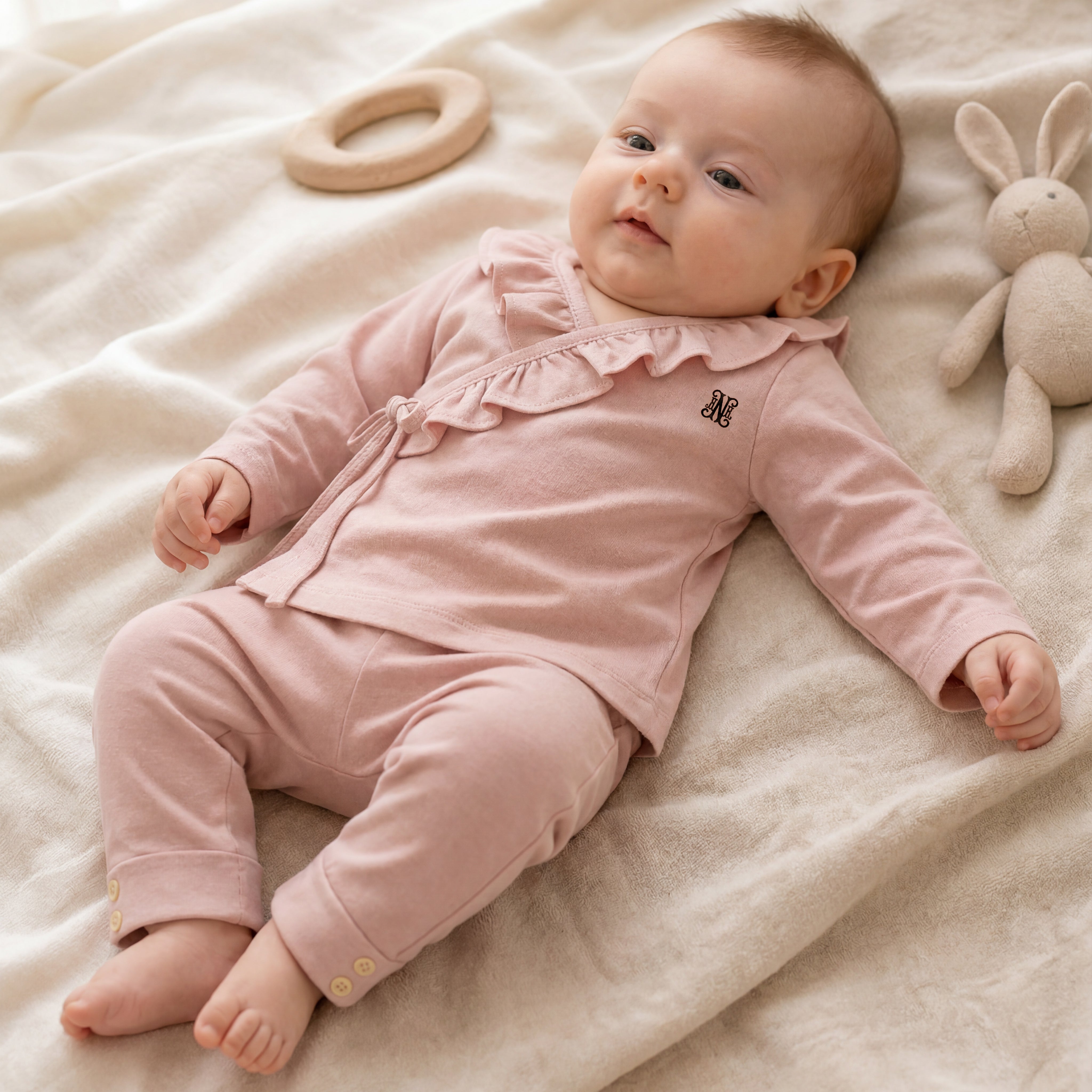 2- Piece Ruffled Wrap Blouse & Buttoned Hem Baby Legging Set
