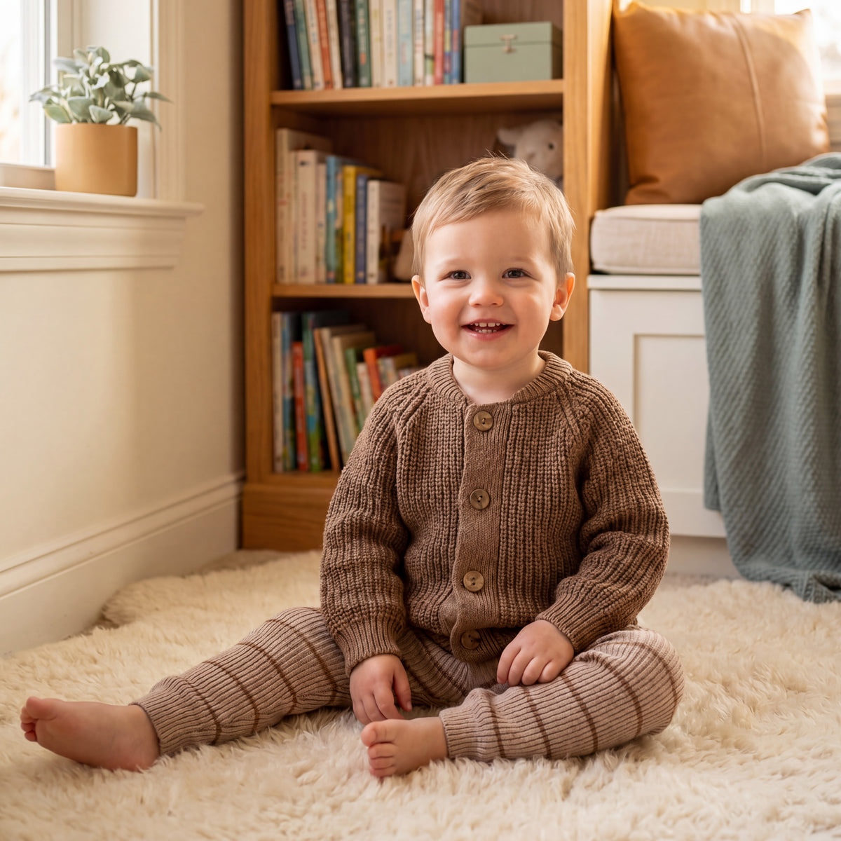 Brown Knit Cardigan & Striped Knit Leggings Set