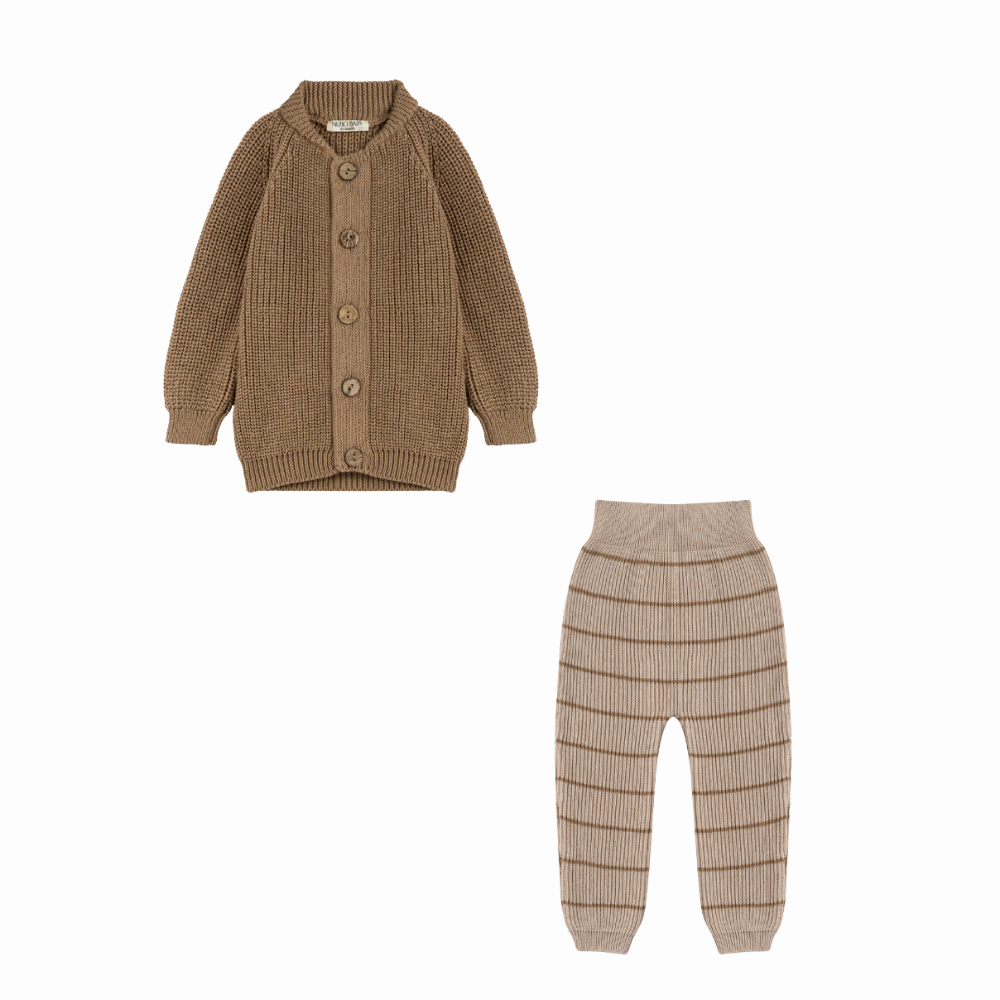 Brown Knit Cardigan & Striped Knit Leggings Set